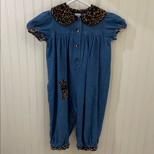 24 Months Jean Romper W/leopard print & cat design